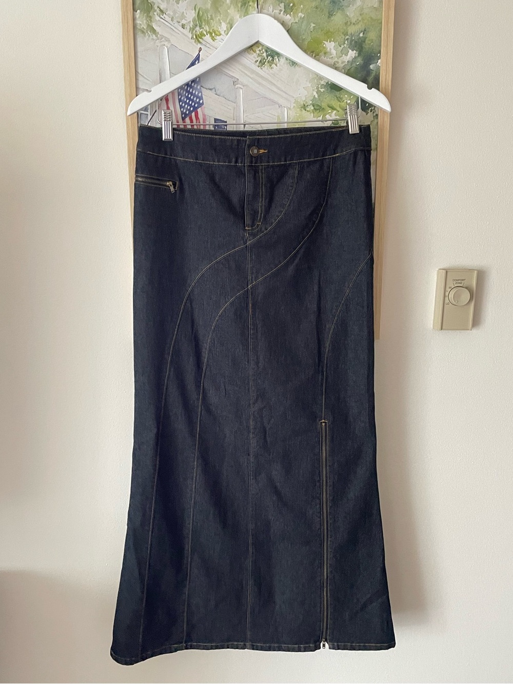 Bisou Bisou Y2K Dark Wash Denim Maxi Skirt Contrast Swirl Stitch US 12